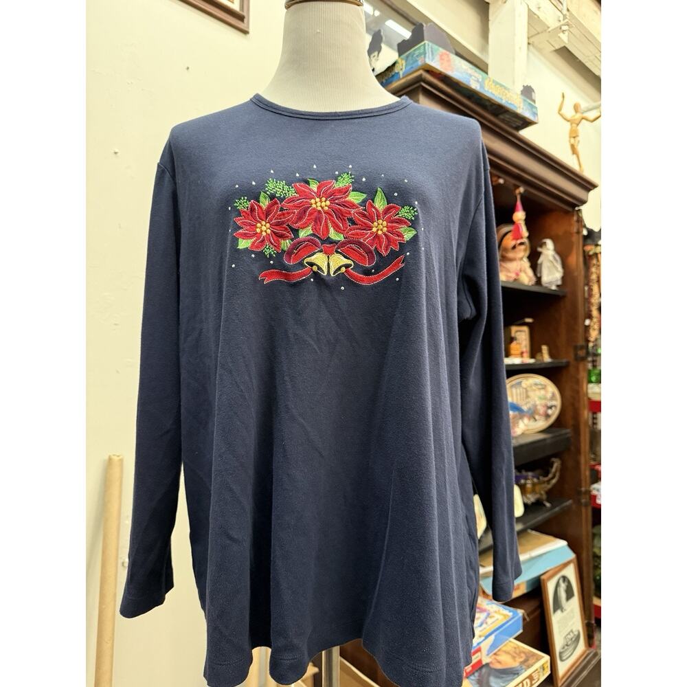 Y2k Mountain Lake Woman Crew Neck Shirt Blue Christmas Poinsettia Size XL